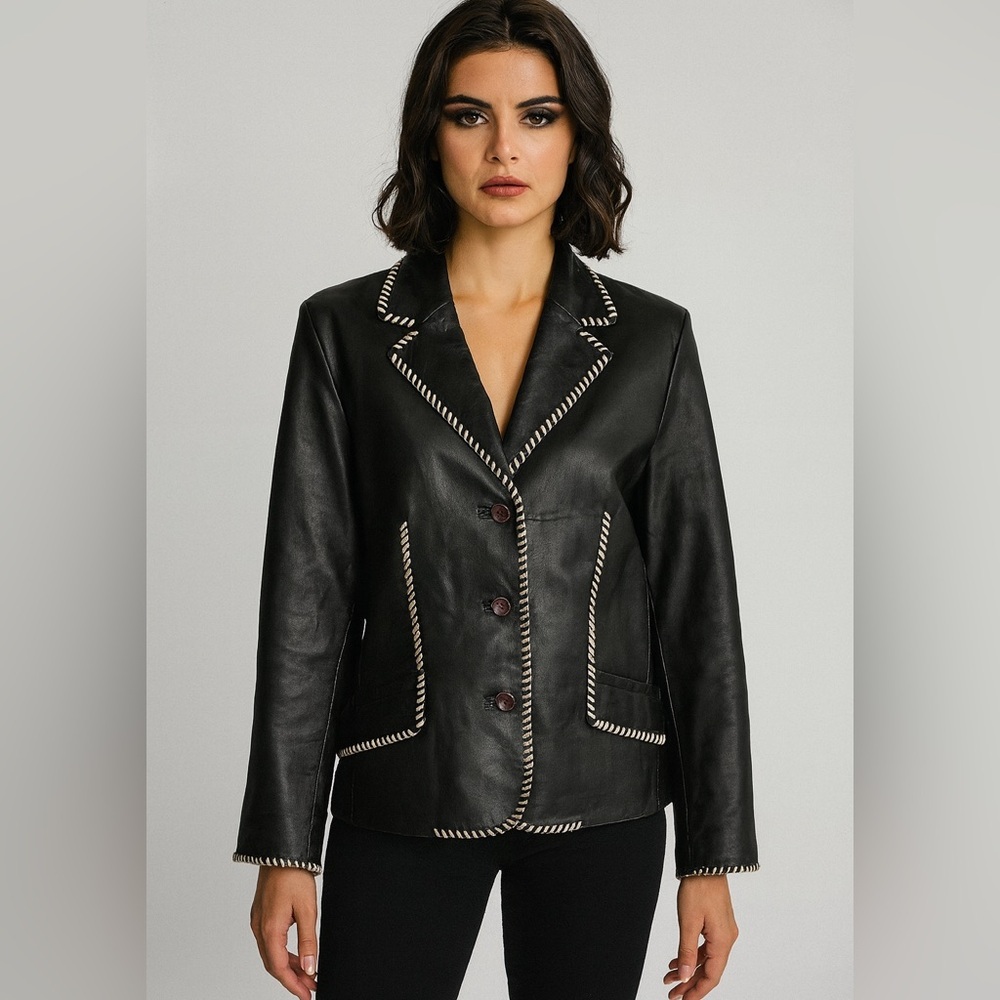 Vintage Lebaz Fine Black Leather Coat Motorcycle Button Womens M Tan Whipstitch